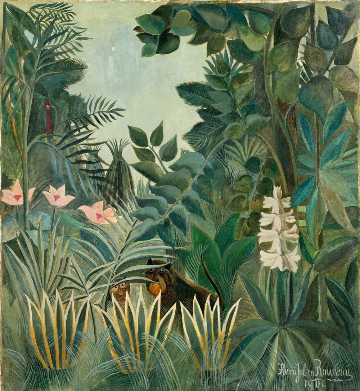 Henri Rousseau, The Equatorial Jungle, 1909: two animals peering from dense foliage, with pink flowers, a white hyacinth, and a small red bird.