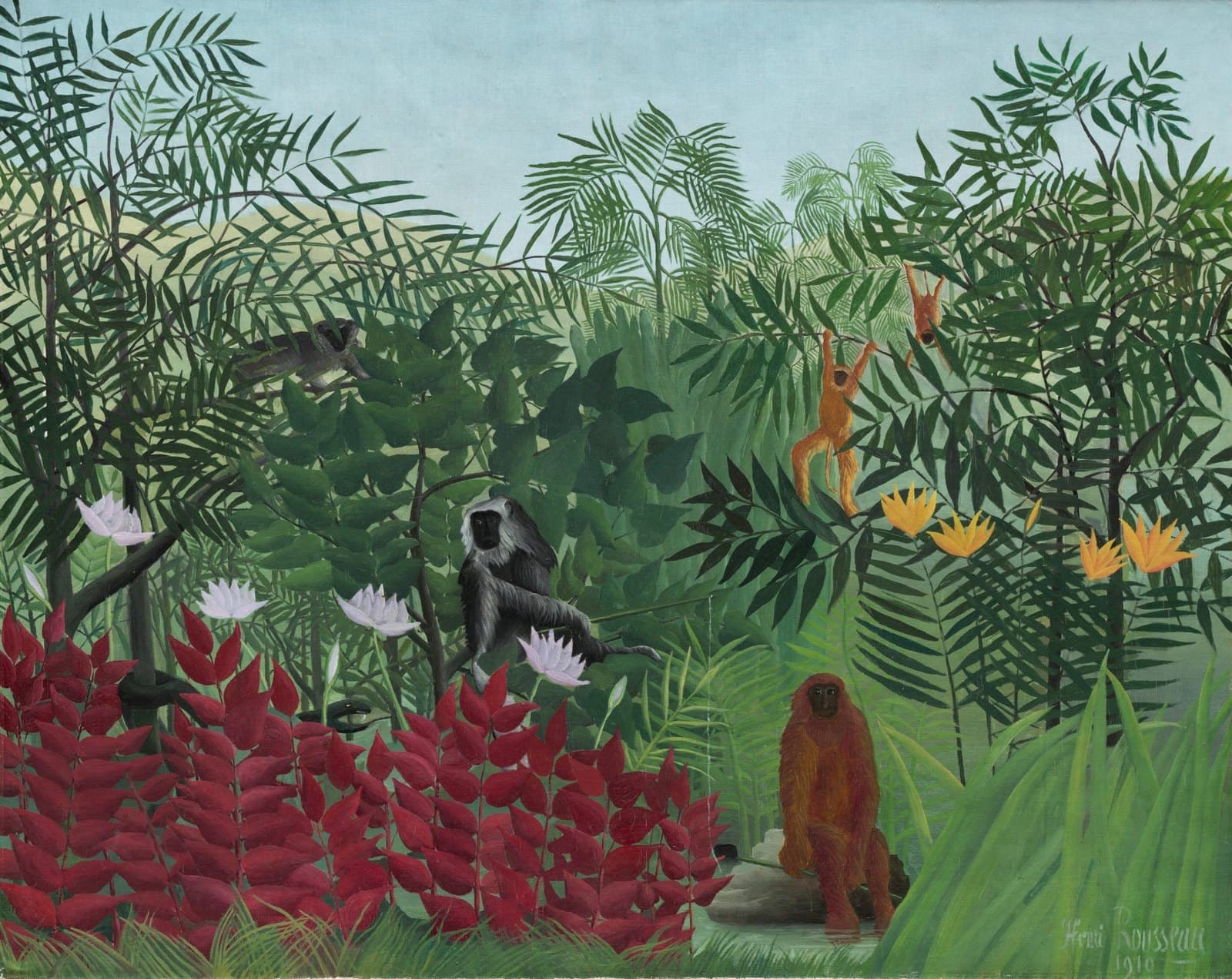 Henri Rousseau, Tropical Forest with Monkeys, 1910: monkeys among a stacked wall of ferns, lotuses, and orange blooms, with a band of pale blue sky at the top.